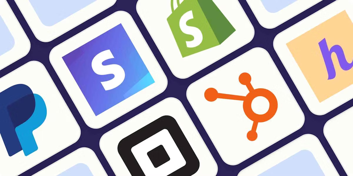 Diagonal grid of app logo tiles, including Shopify, HubSpot, PayPal and others, on white squares over a dark blue background.
