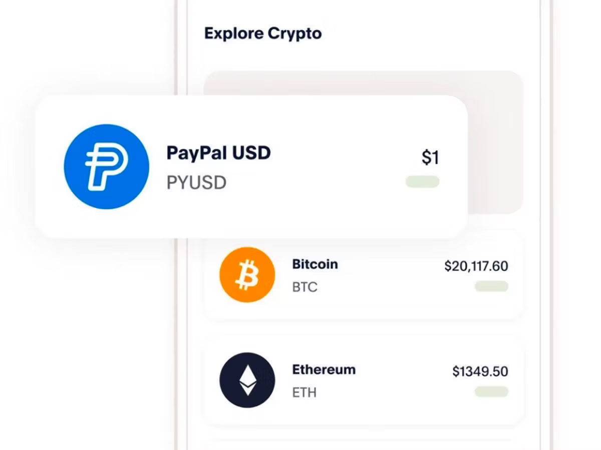 A PayPal app screen headed "Explore Crypto", with a PayPal USD stablecoin card priced at $1 pulled forward over listings for Bitcoin at $20,117.60 and Ethereum at $1349.50.
