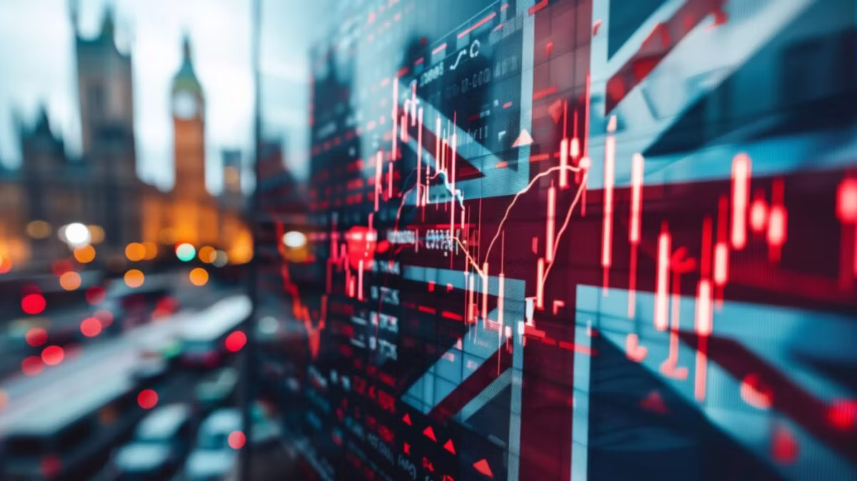 A wall of red financial charts and candlestick data overlaid on a Union Jack, with the Houses of Parliament and Big Ben blurred in the background.