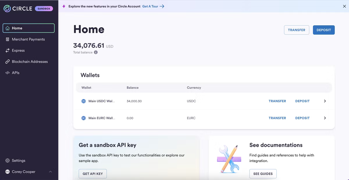 The Circle sandbox dashboard, showing a total balance of 34,076.61 USD, a main USDC wallet holding 34,000.30 and a main EURC wallet at zero, with panels offering a sandbox API key and documentation.