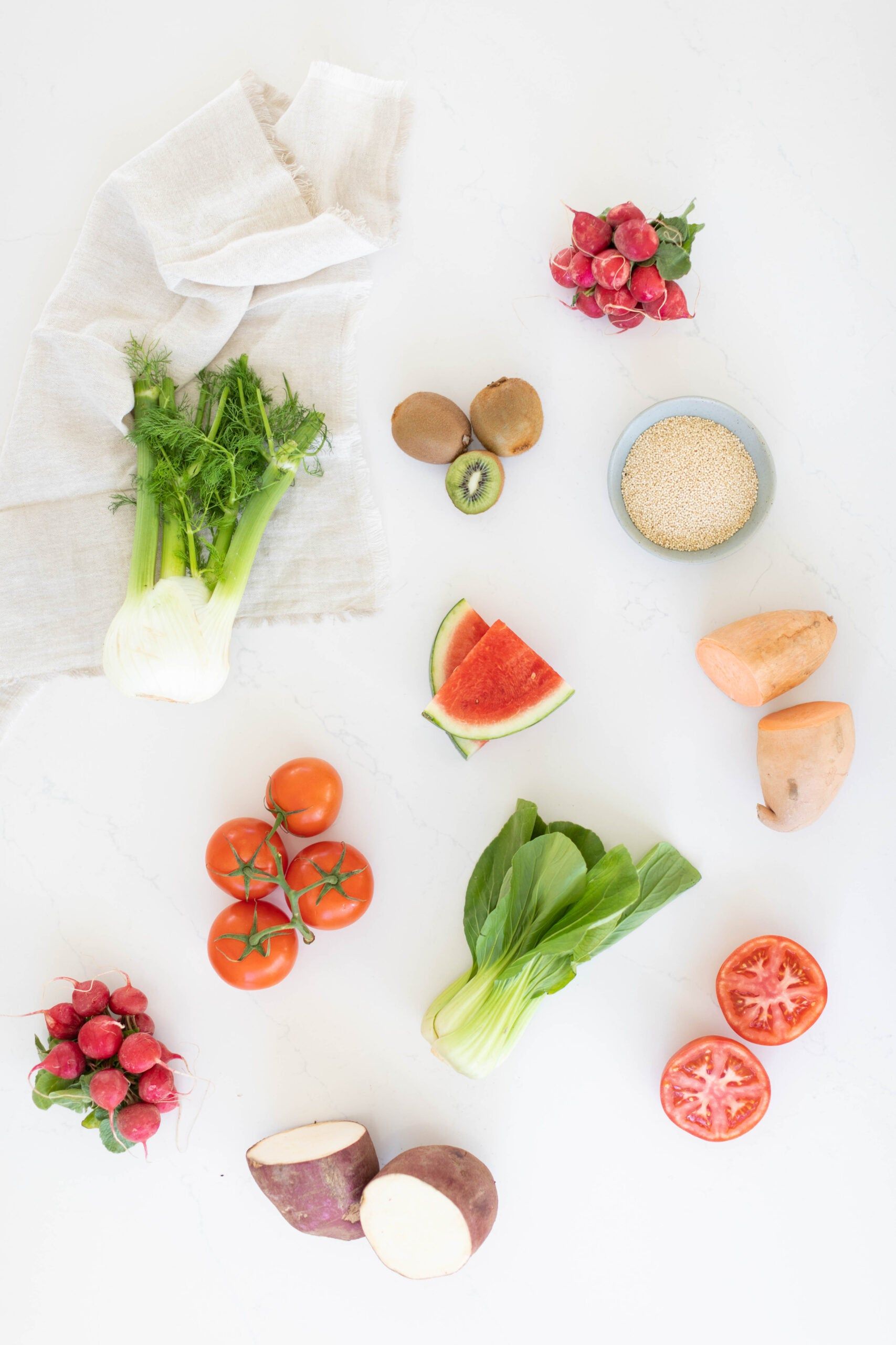 fruits and veggies on a counter
