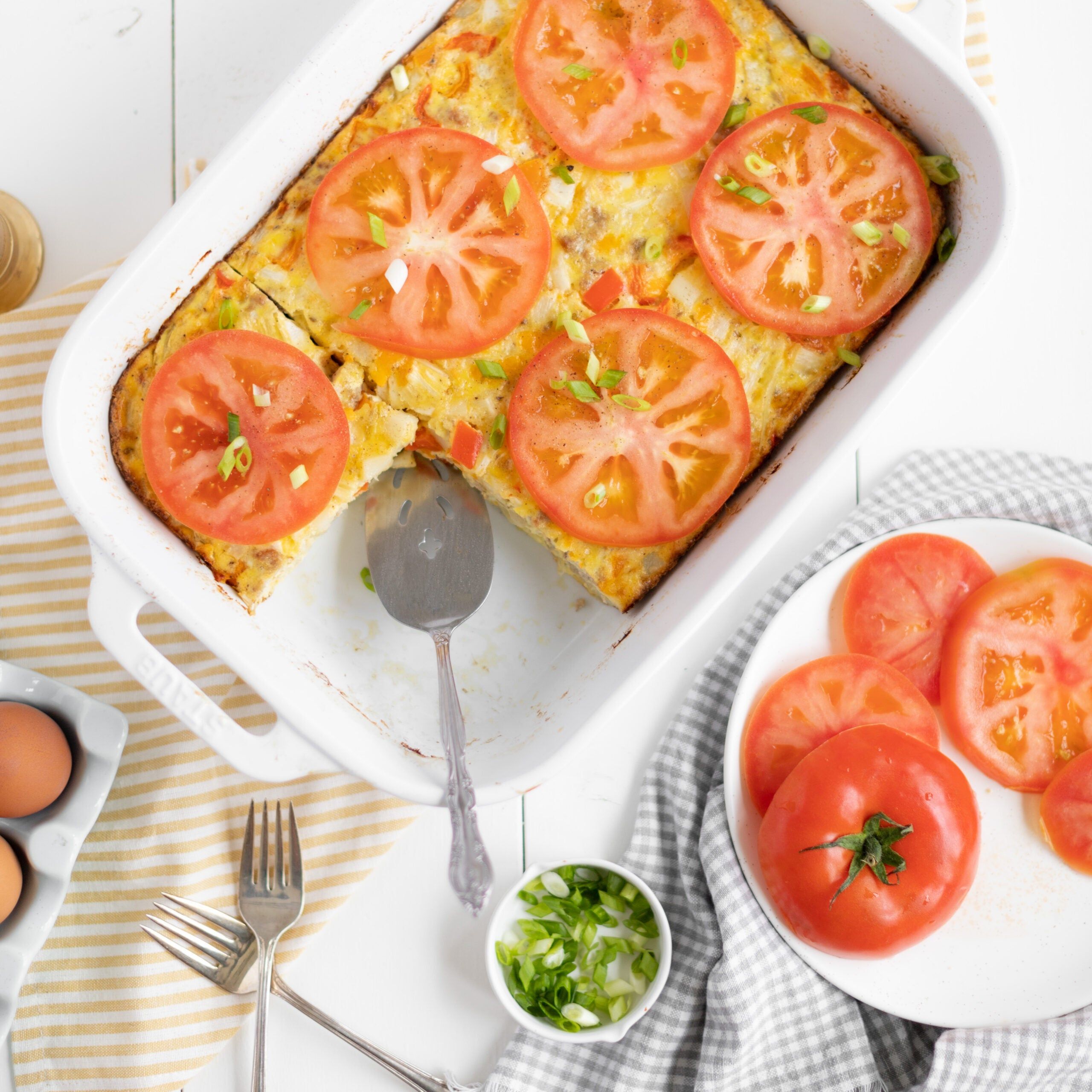 egg casserole with tomato slices