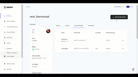 Create and manage climate presets in the Seam Console.