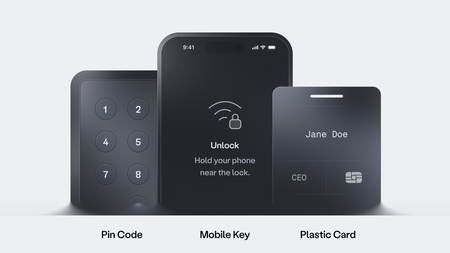 Seam supports PIN code, mobile key, and plastic card credentials.
