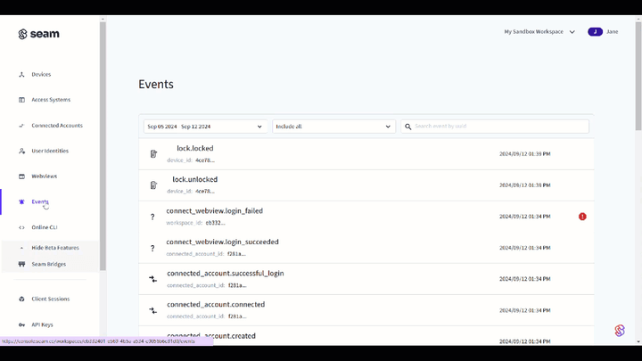 an animated gif of the Seam Console's event page showing how to filter events