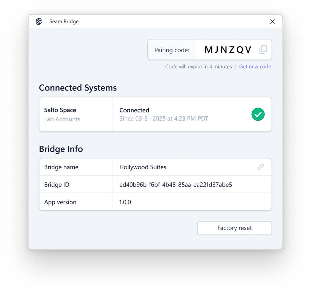 Seam Bridge displays the connection status and any errors.