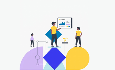 Flat style illustration of three people interacting with large geometric shapes. The central figure holds a digital tablet displaying the "LUMIANT" dashboard with a line graph. The scene uses a palette of yellow, blue, and purple to represent data analysis and business collaboration.
