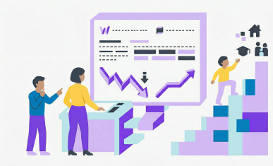 A stylized vector illustration of three people interacting with a large digital dashboard. The screen displays a line graph with a sharp downward dip, while to the right, a figure steadily climbs geometric stairs toward life goal icons including a graduation cap, a family, and a house. The image metaphorically shows that tracking life progress continues upward even when financial markets experience a downturn.