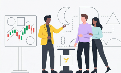 Flat vector illustration of a financial advisor in a yellow jacket speaking to a couple. On the left is a presentation board showing a traditional market performance chart with green and red candlesticks. The advisor gestures away from the chart towards a floating network of empty geometric shapes—including a crescent, circle, square, and triangle—connected by dashed lines to represent tracking actual life progress instead of just market returns. A small podium with the Lumiant icon logo sits in the center. The scene is clean and borderless, utilizing the brand's charcoal, yellow, lavender, and teal palette with ample negative space.