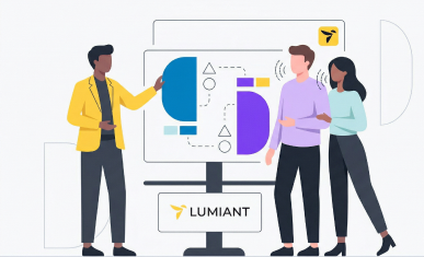 Flat vector illustration of a cooperative meeting between an advisor and a couple. Both spouses have abstract voice waves, looking at a digital interface that uses perfectly balanced, large, empty geometric blocks to represent their inclusive, connected goals and financial voices. The advisor is gesturing towards the screen. The scene is clean, in brand colors, with the standard Lumiant logos visible.
