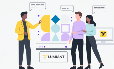 Flat vector illustration of a meeting at a financial office. An advisor in a yellow jacket gestures to a screen showing abstract, empty geometric blocks from image_0.png, like a teal triangle and purple crescent, used as conceptual milestone markers. A couple watches attentively. Speech bubbles with dashed lines float above them, and the replicated Lumiant logo is on a nearby podium. The style uses the charcoal, yellow, lavender, and teal palette with no outlines and high negative space.