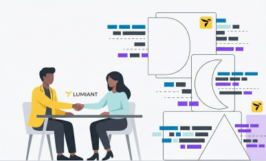 Flat vector illustration of an advisor in a yellow jacket and charcoal pants shaking hands with a client across a table, emphasizing a strong human connection. To the right, a large stack of empty geometric shapes—including a half-circle, square, and triangle—interlocks with dashed lines and colored UI rectangles, representing technology seamlessly handling the heavy lifting in the background. The scene is clean and borderless, utilizing significant negative space with a light background, and includes the Lumiant logos.