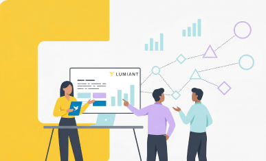 Flat vector corporate illustration in Lumiant brand colors showing an advisor presenting a digital dashboard to two clients. The dashboard features the Lumiant bird logo, abstract data visualizations, and UI elements represented by dashed lines and solid rectangles. To the right, an organic growth metaphor is depicted through a series of connected, empty geometric shapes (circles, triangles, and squares) and rising bar charts. The characters are faceless with stylized proportions, set against a clean #F8F8F8 off-white background with a large yellow geometric accent on the left. No outlines or gradients are used.