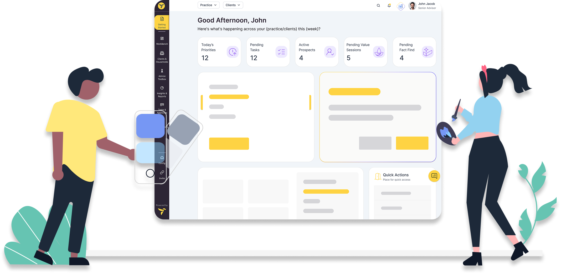 A flat vector illustration depicts a dynamic client meeting, aligning with the Lumiant brand guidelines. An advisor in a yellow shirt points to a large central screen showcasing a journey from life events to action, utilizing geometric containers filled with abstract icons like a house and family. On the right, a couple observes the process, with one holding a tablet. The screen features a yellow bird logo and a blue call-to-action button, while a podium on the left displays the 'LUMIANT' logo.