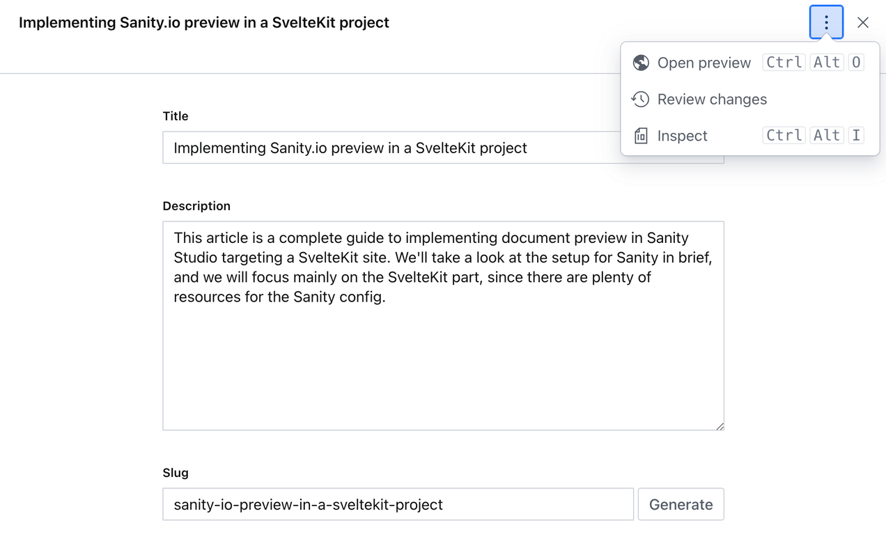 A screenshot of Sanity studio with a dropdown showing the preview plugin selected