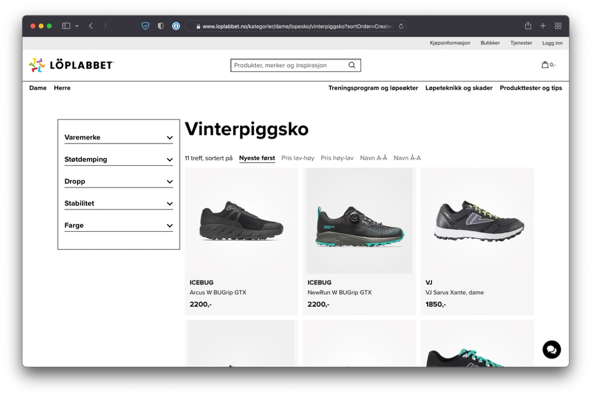 Shows the category page for lplabbet.no with several shoes and some filters