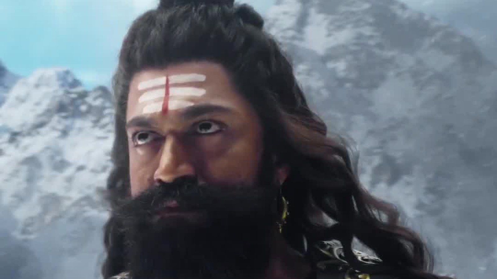 A bearded warrior with a tilak against snowy mountains in the Ramayana promo