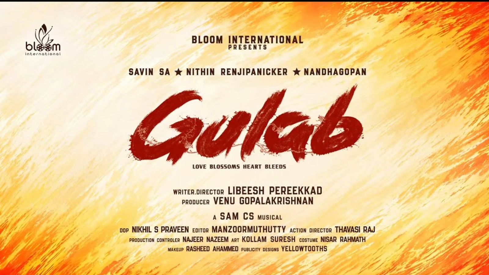 Gulab title poster in red brushstroke lettering naming Savin SA, Nithin Renji Panicker and Nandagopan