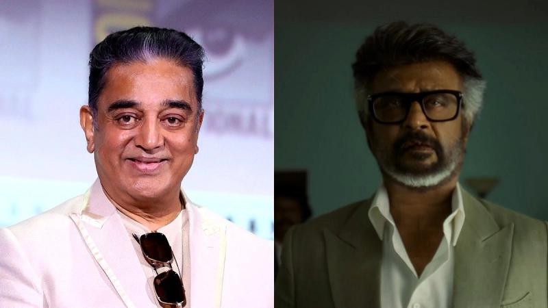 Kamal Haasan smiling in a white jacket beside Rajinikanth in glasses and a beige suit in a Jailer 2 still