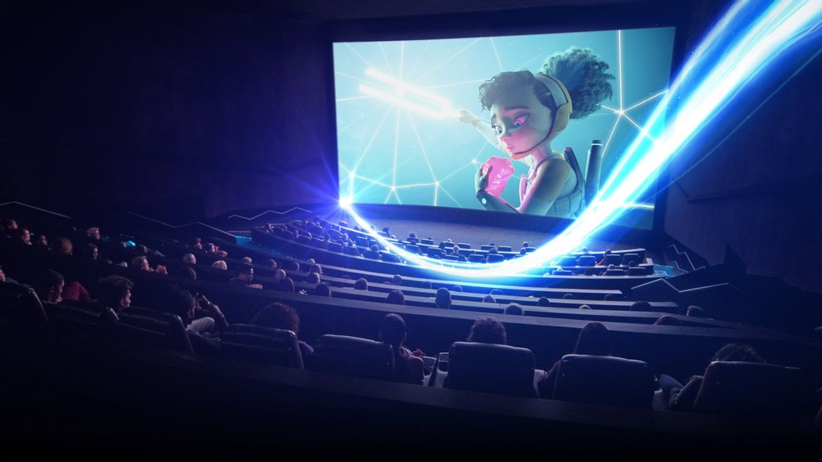 Audience seated before a large Dolby Cinema screen in the official EVM Cinemas Fort Kochi promo