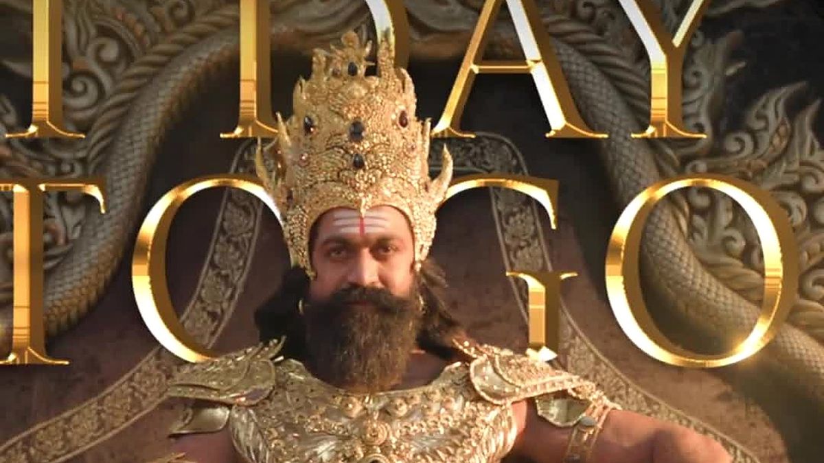 Yash as Ravana on a throne in a Ramayana Part 1 promo poster