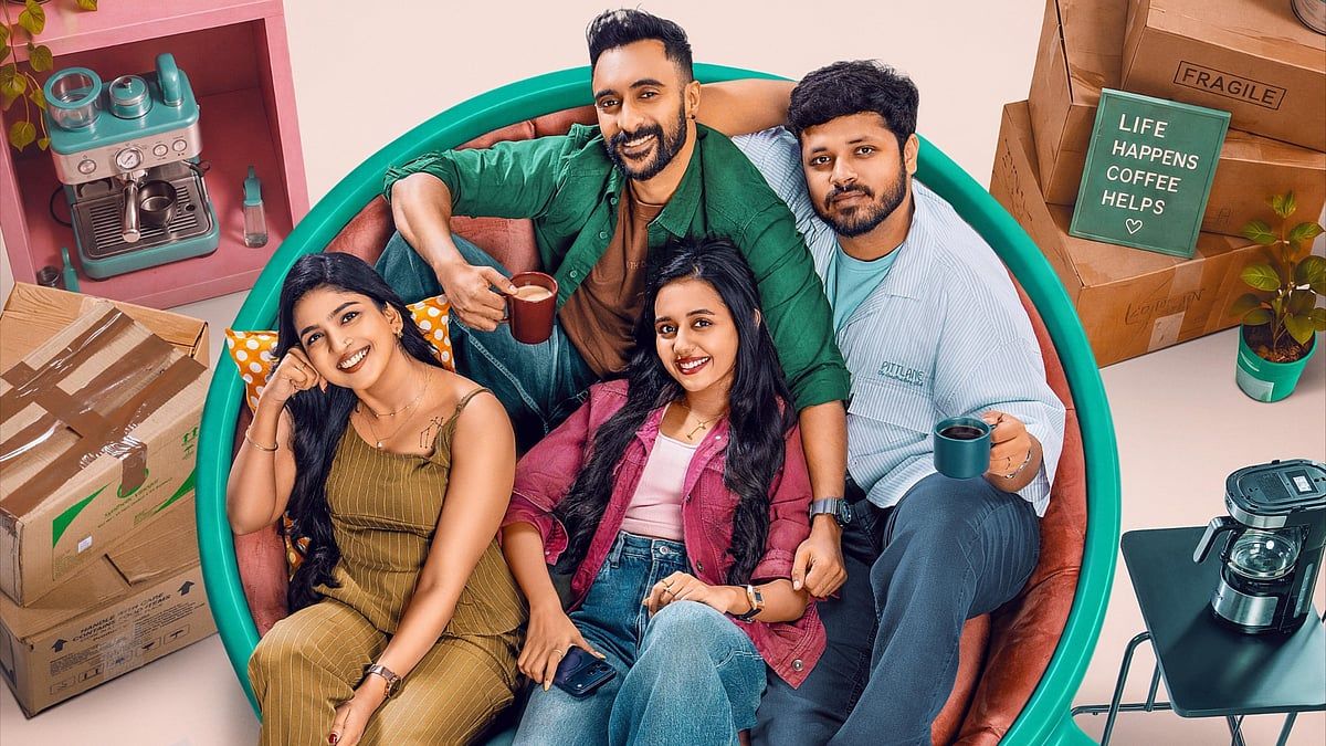 Kappi Squad first look with four friends holding coffee mugs on a round sofa