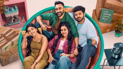 Kappi Squad first look with four friends holding coffee mugs on a round sofa