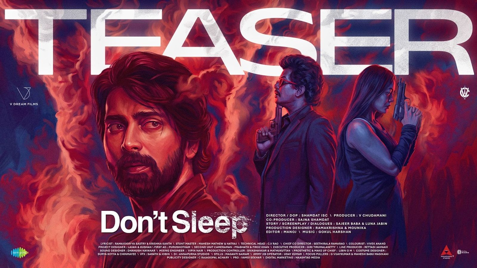 Official Don't Sleep teaser poster with Indhra Ram against a red and blue backdrop