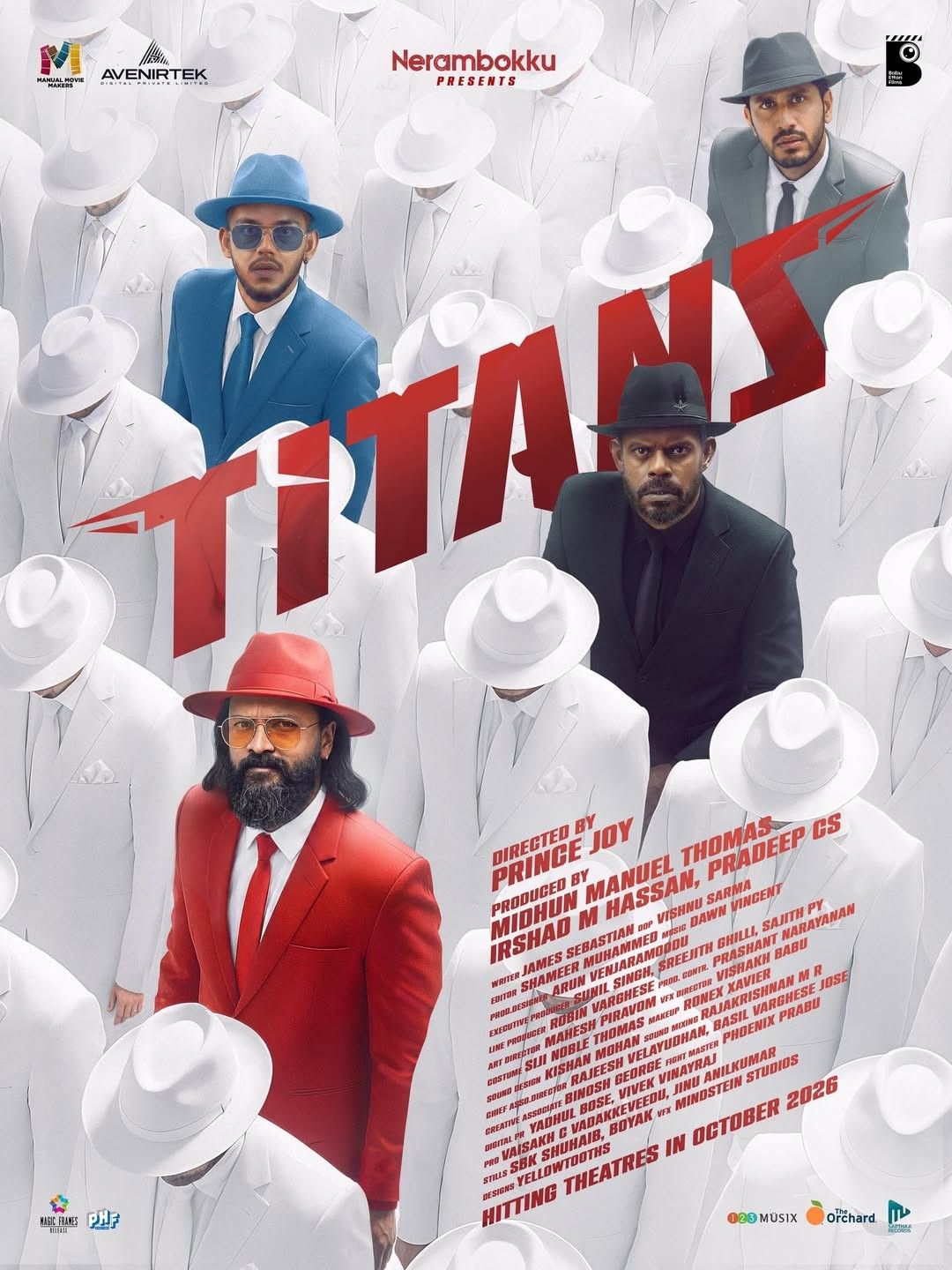 Titans poster with Jayasurya and Vinayakan in coloured suits among white-hatted figures