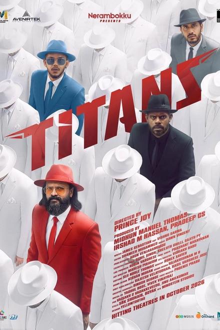Titans poster with Jayasurya and Vinayakan in coloured suits among white-hatted figures