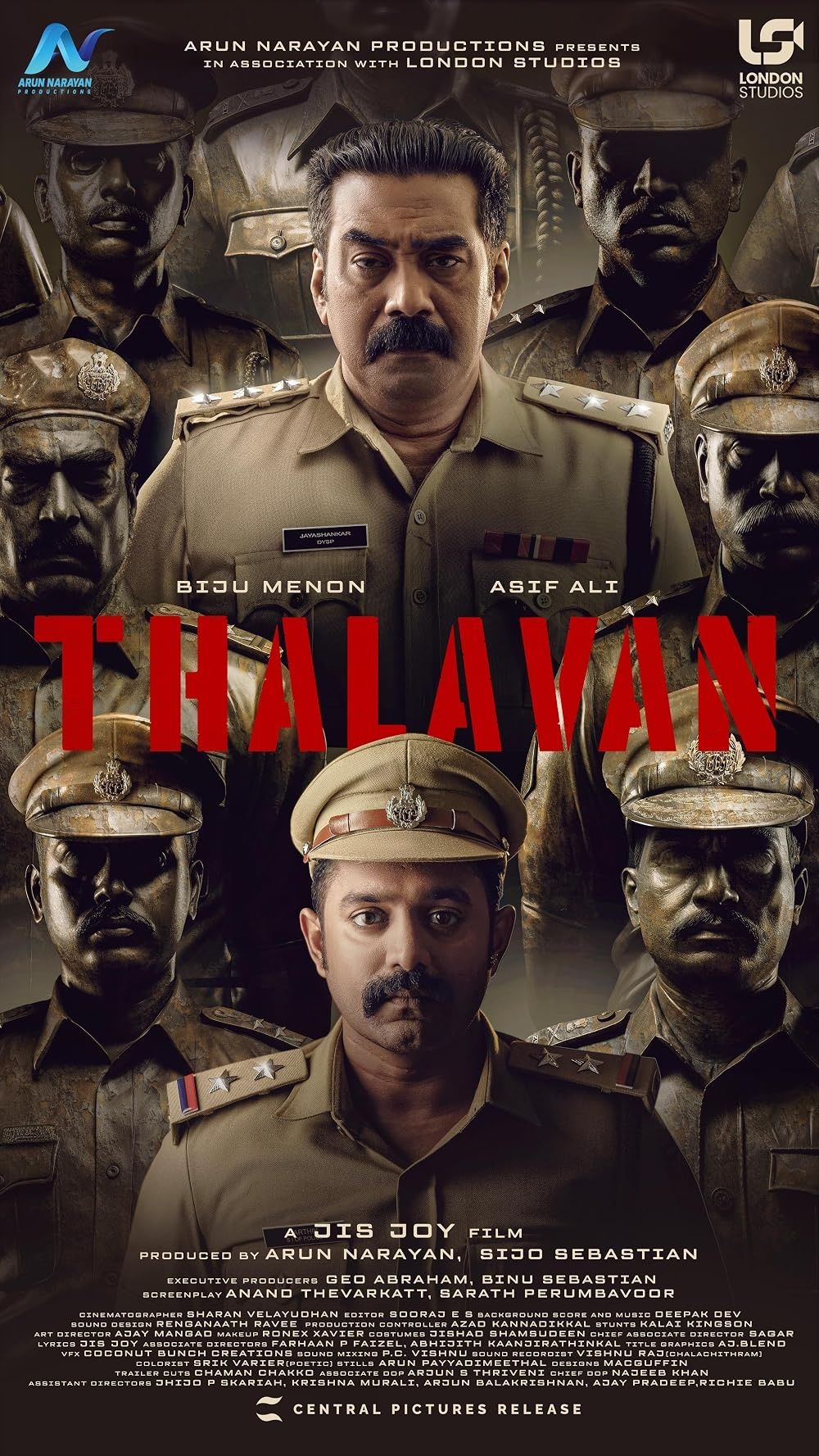 Thalavan poster with Biju Menon, Asif Ali and uniformed police officers above the red title