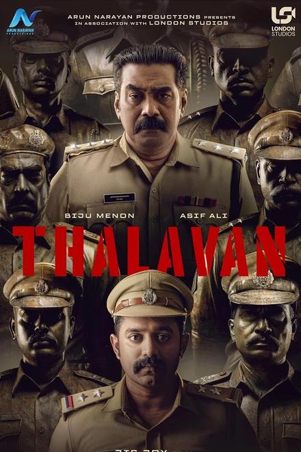 Thalavan poster with Biju Menon, Asif Ali and uniformed police officers above the red title