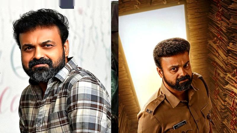 Kunchacko Boban in a checked shirt and as police officer Shelly in Unmadham, side by side