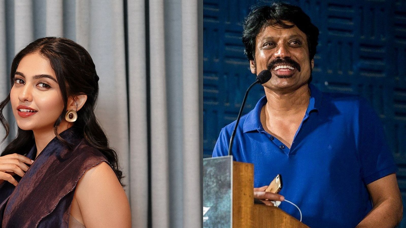 Mamitha Baiju in a dark wrap dress beside S. J. Suryah smiling at a microphone in a blue polo shirt