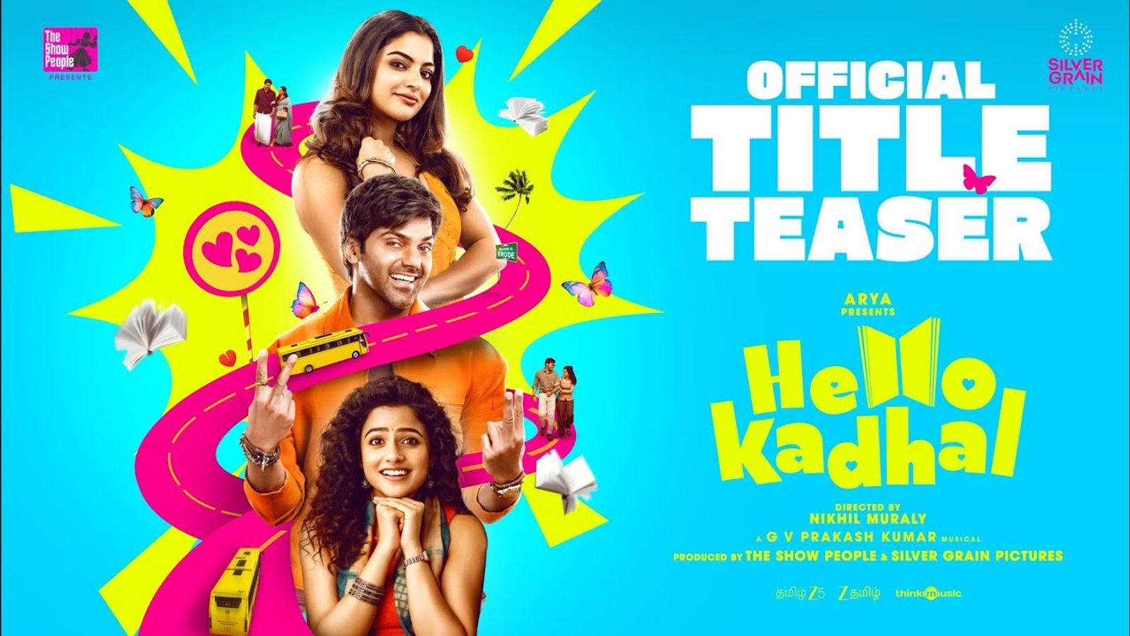 Hello Kadhal official title teaser card with Arya, Nikhila Vimal and Vaishnavi Chaitanya