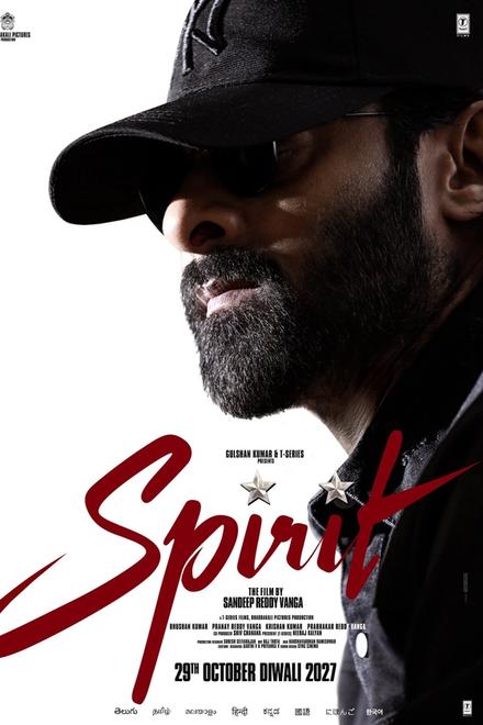 Spirit poster showing Prabhas in profile in a black cap and dark glasses, with a salt-and-pepper beard, above the red Spirit title and the 29th October Diwali 2027 release date