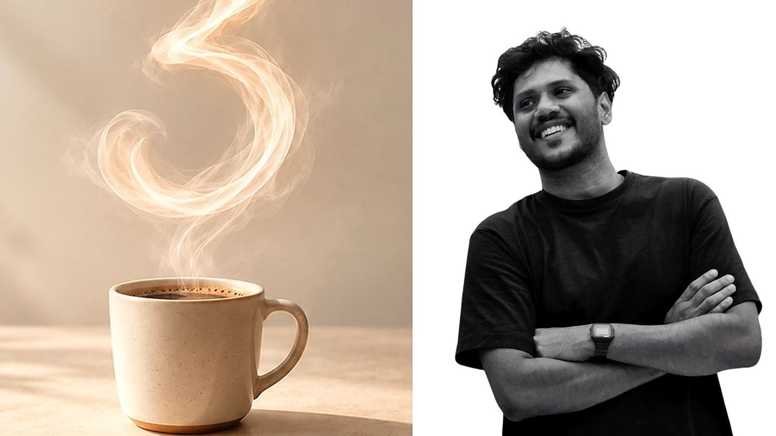 Belraj Kalarickal smiling with his arms crossed, beside a steaming cup of coffee from Kappi Squad's promo art