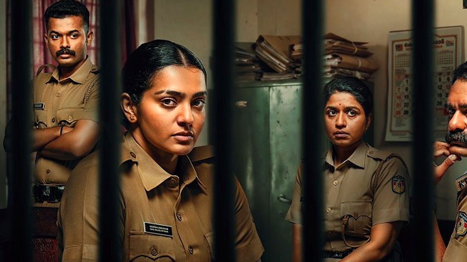 Parvathy Thiruvothu in police uniform behind cell bars in Pradhama Drishtya Kuttakkar artwork