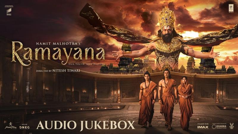Ramayana audio jukebox artwork with Ravana towering over three figures in saffron