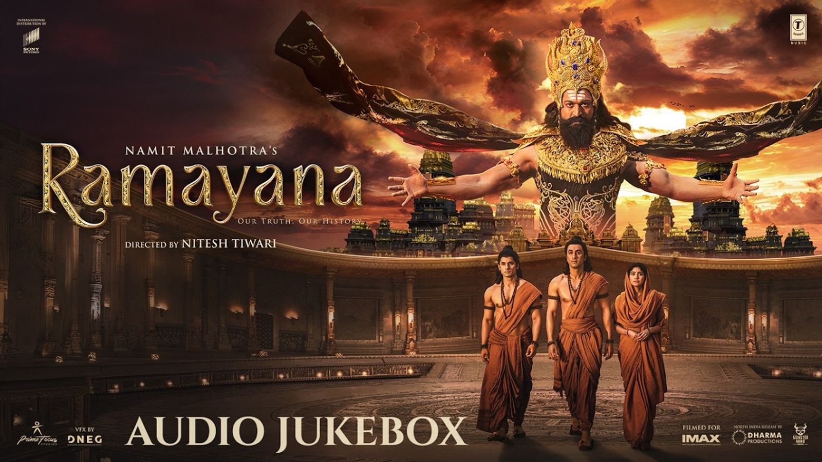 Ramayana audio jukebox artwork with Ravana towering over three figures in saffron