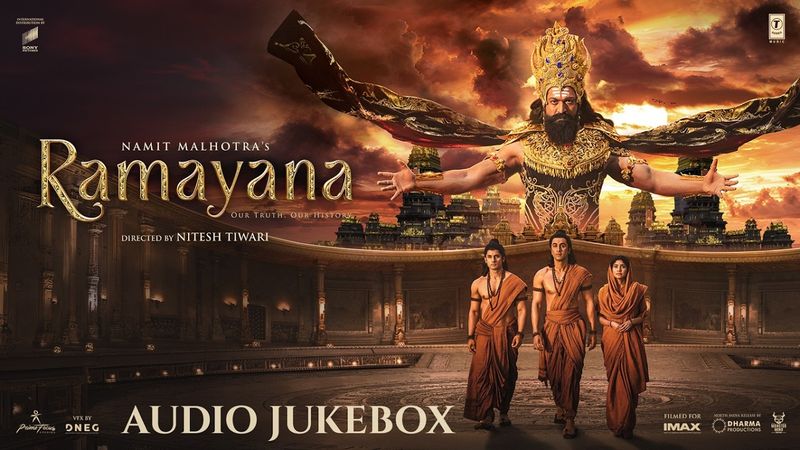 Ramayana audio jukebox artwork with Ravana towering over three figures in saffron