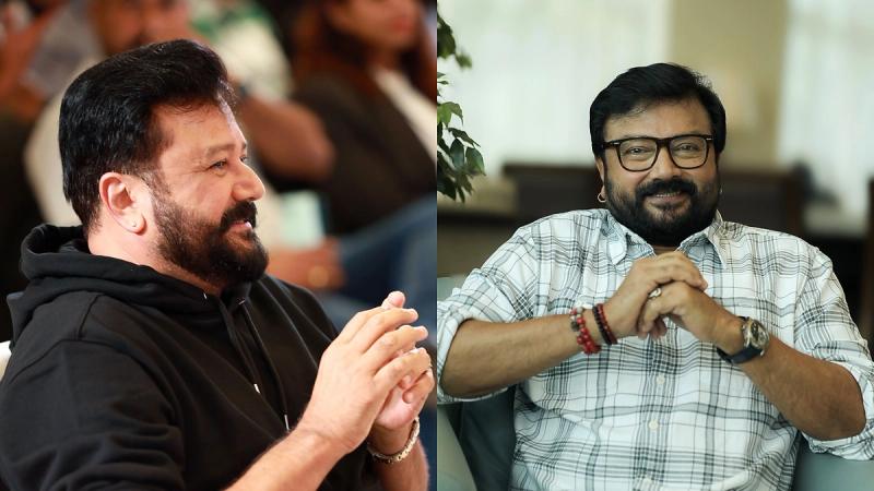 Jayaram smiling in a black hoodie and, beside it, in a checked shirt and glasses