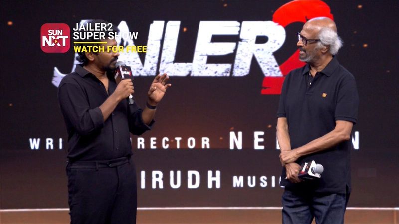 Rajinikanth and director Nelson Dilipkumar on stage at the Jailer 2 Super Show