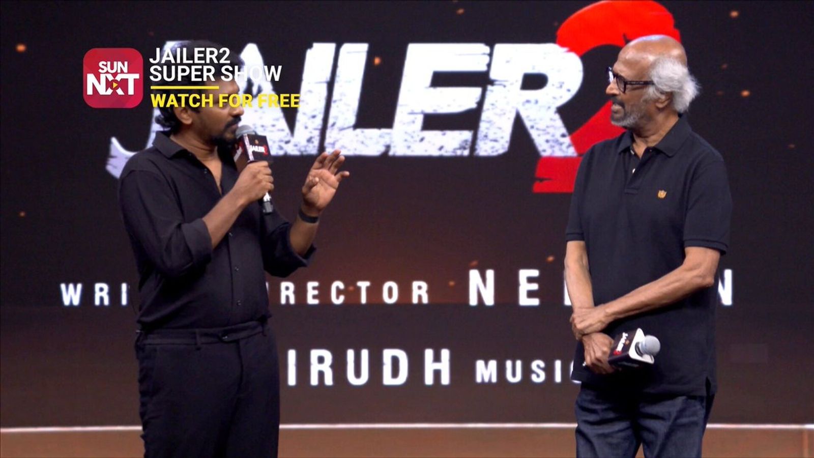 Rajinikanth and director Nelson Dilipkumar on stage at the Jailer 2 Super Show