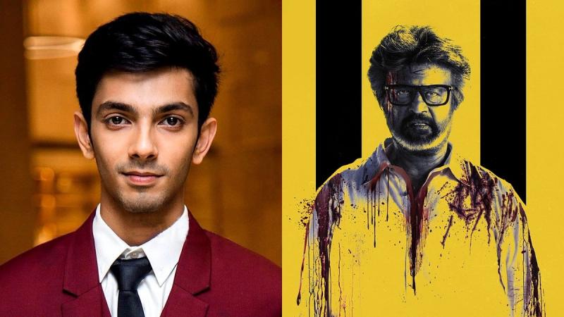 Anirudh Ravichander in a maroon suit beside Rajinikanth on the yellow Jailer 2 poster