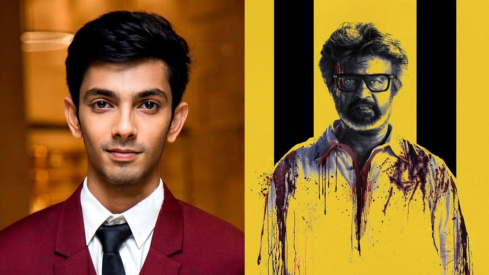Anirudh Ravichander in a maroon suit beside Rajinikanth on the yellow Jailer 2 poster