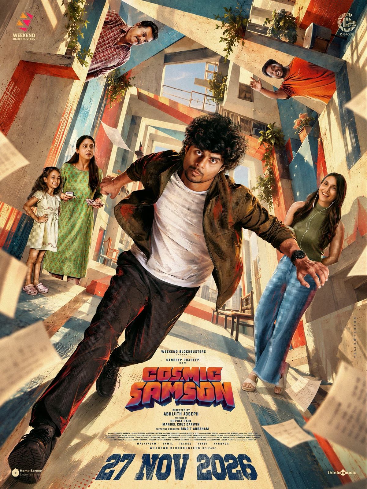 Sandeep Pradeep running through a tilted street on the Cosmic Samson poster