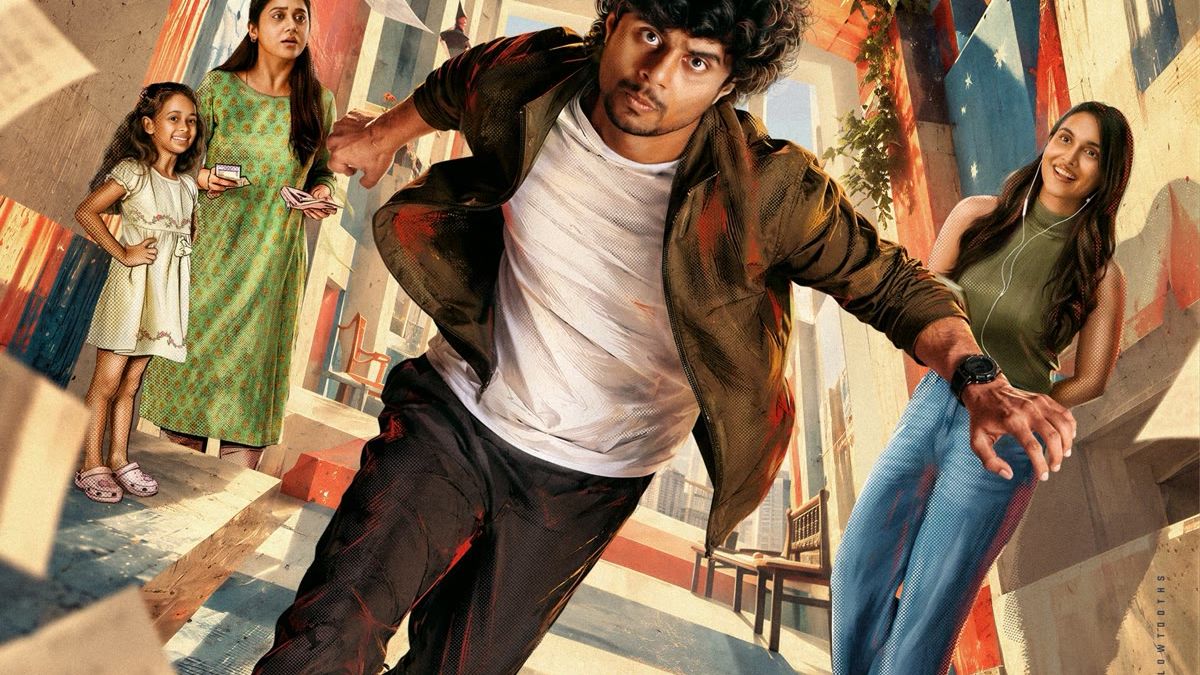 Sandeep Pradeep running through a tilted street on the Cosmic Samson poster