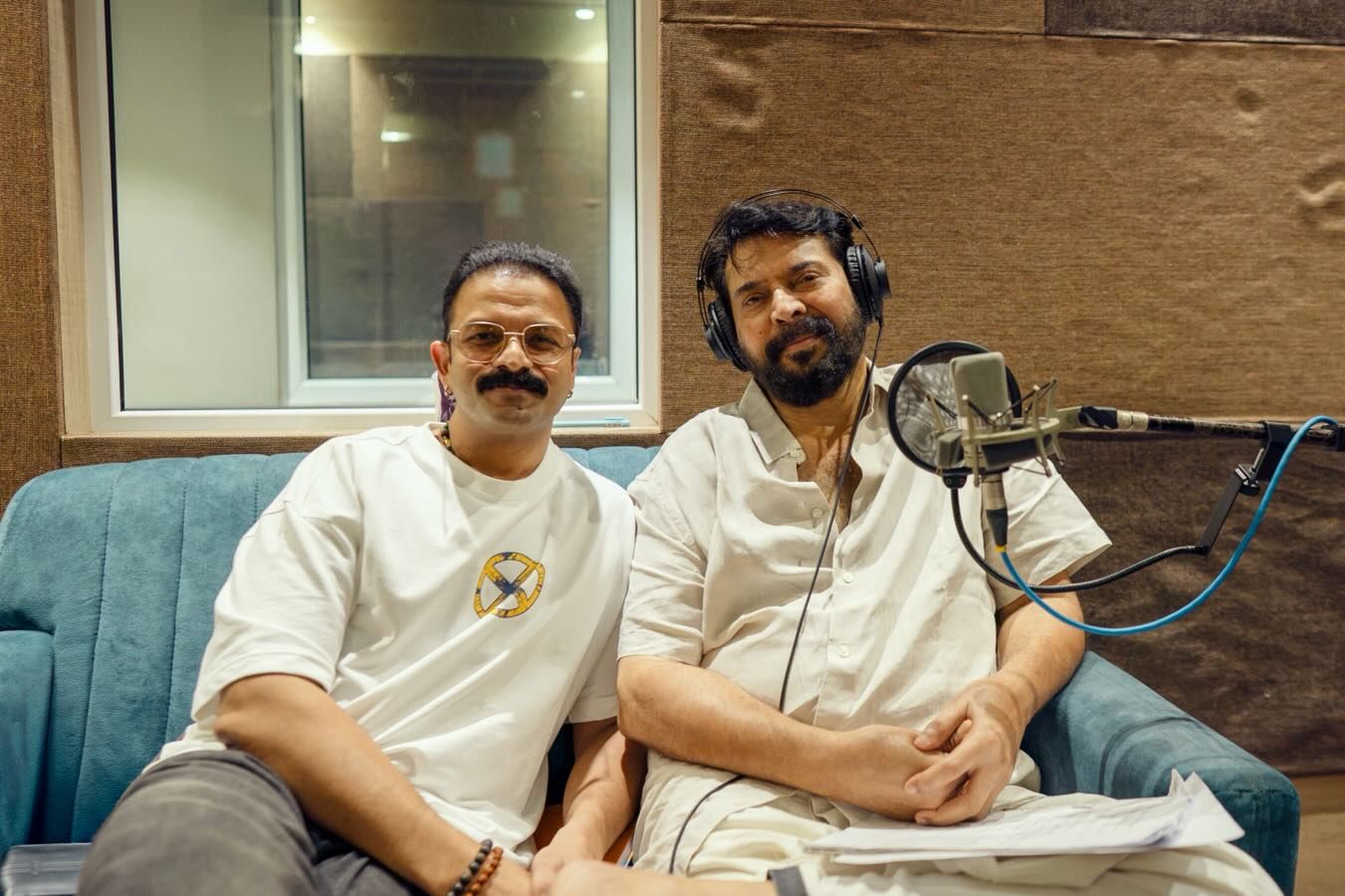 Jayasurya and Mammootty seated together at a dubbing studio