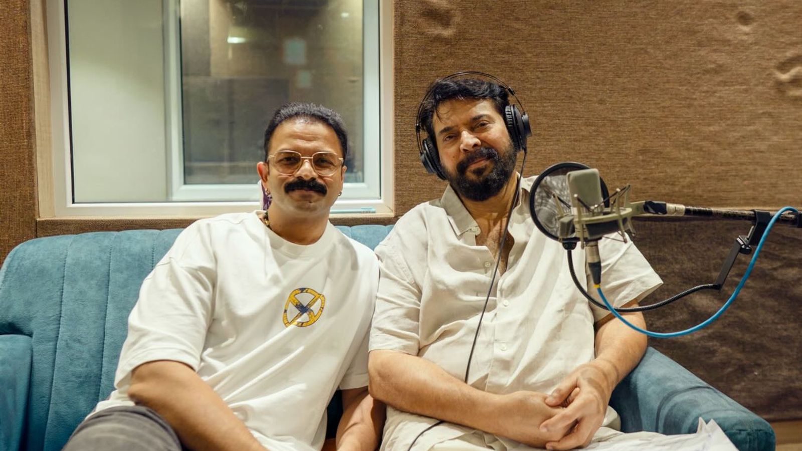 Jayasurya and Mammootty seated together at a dubbing studio